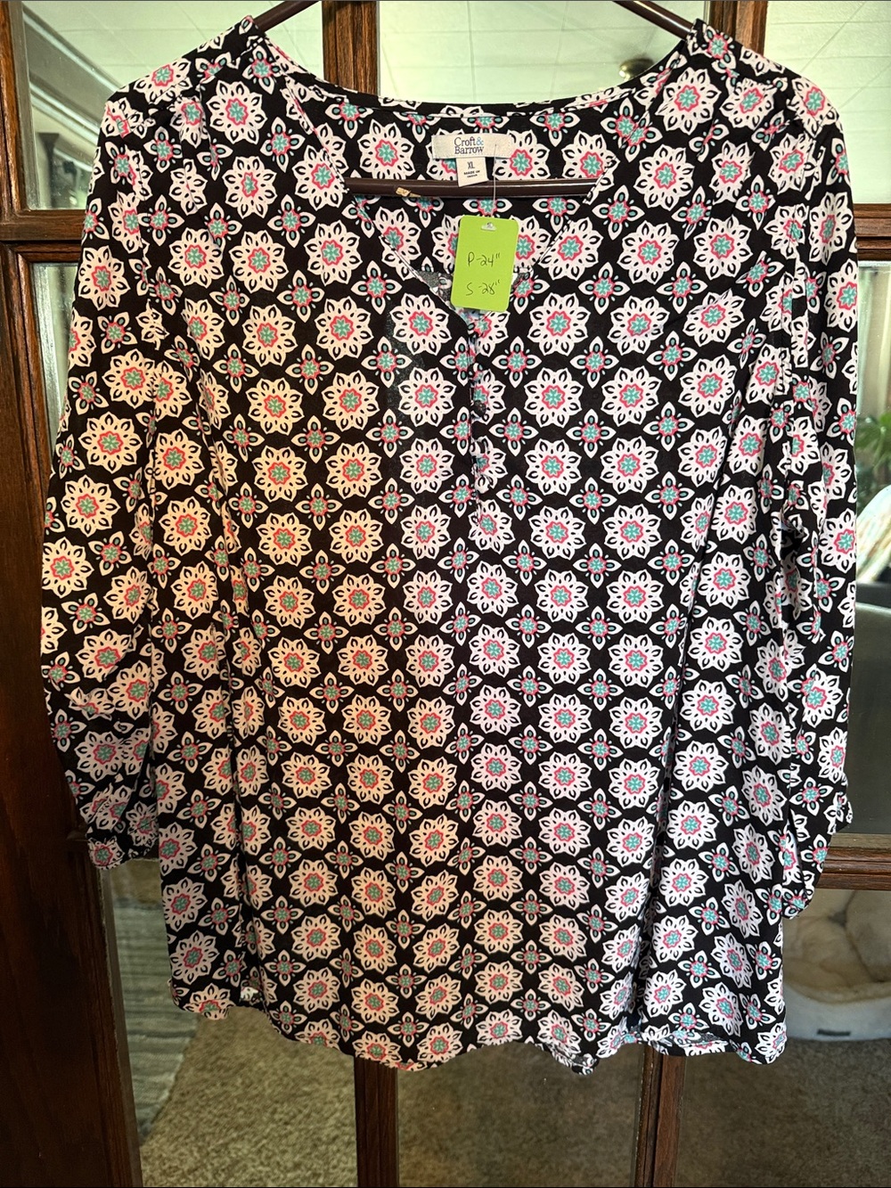 croft & barrow Black Floral Medallion Tunic with Pink Accents